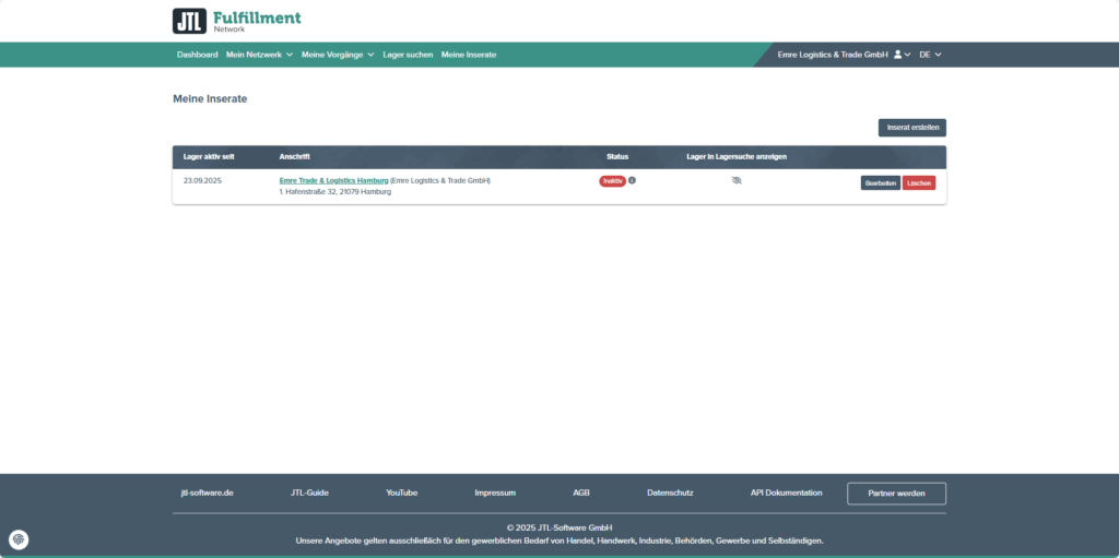 05 JTL Fulfillment Network Fulfiller Lagerinserat Anlegen Fertig