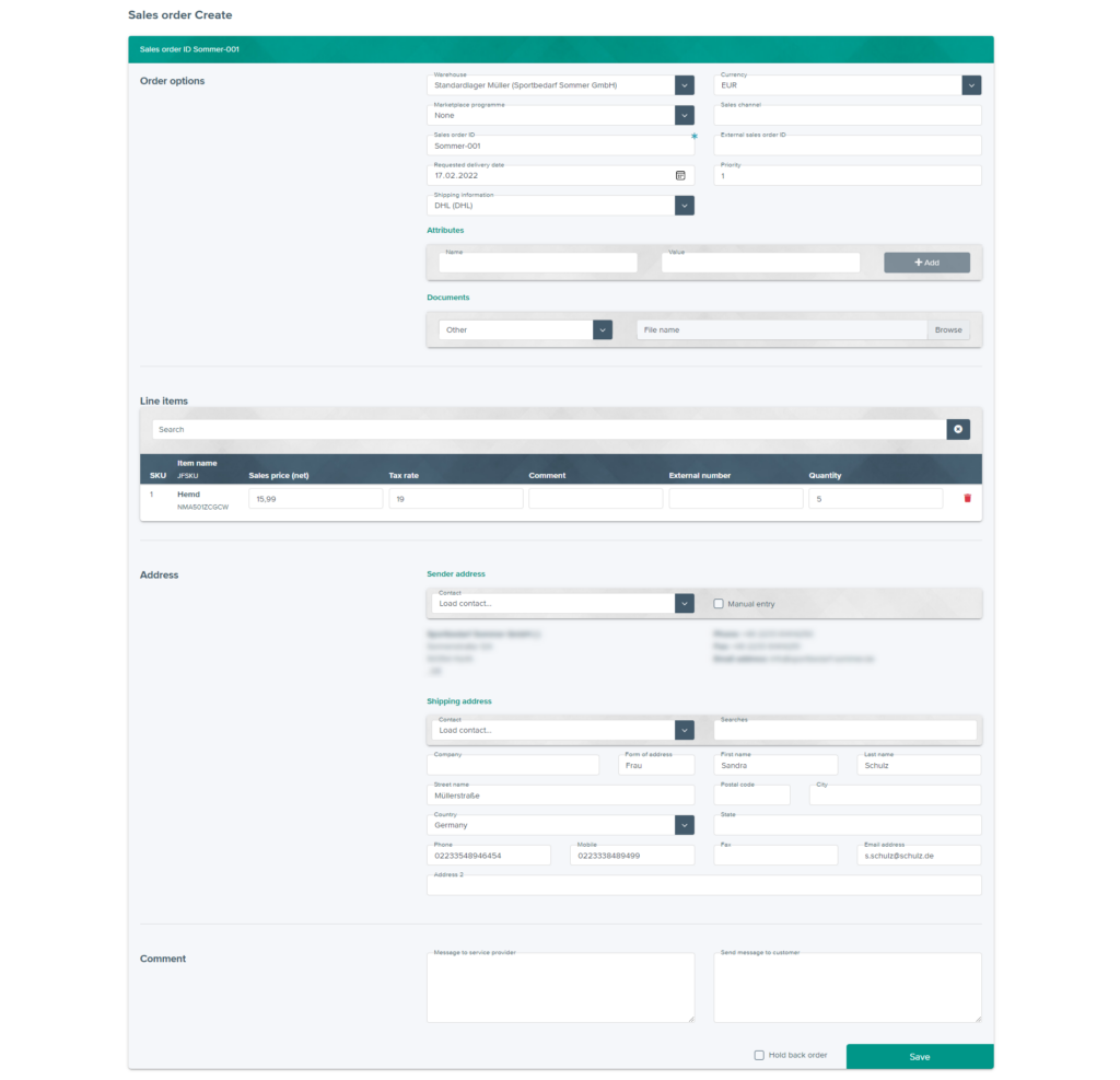 Creating a sales order in the JTL-Fulfillment Network