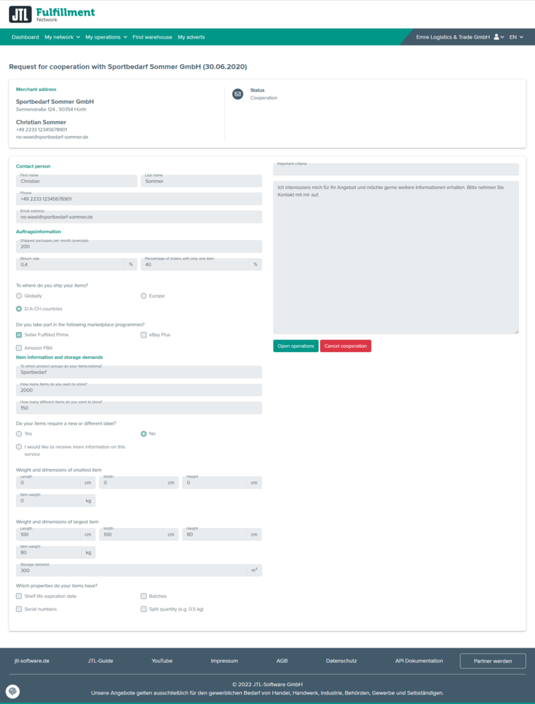 Customer request from a merchant in the JTL-Fulfillment Network
