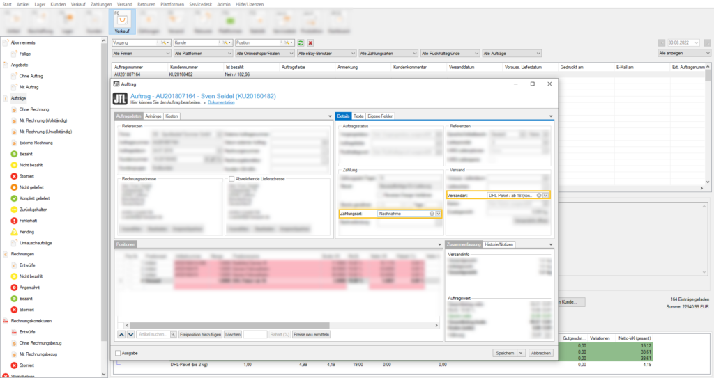 DHL Versenden Einrichten 013 Verkauf Auftrag Einstellungen