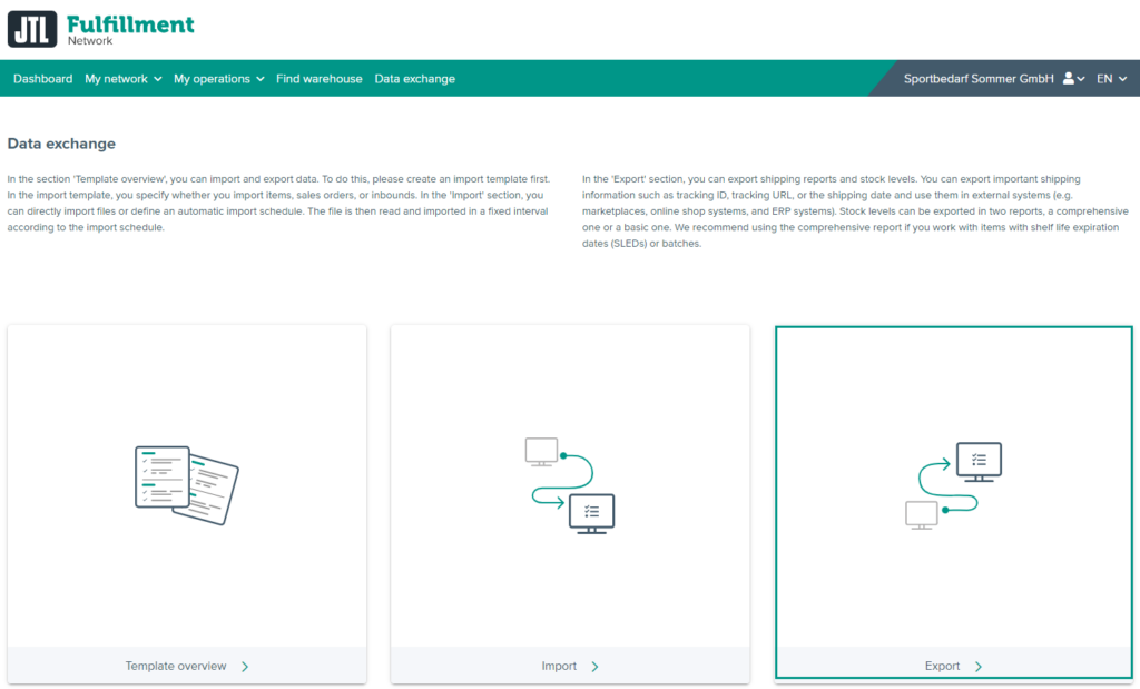 Export in the Data exchange section