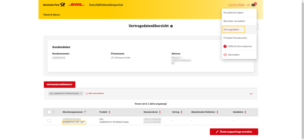 JTL Shippinglabels Internationale Warenpost 002 Geschäftkundenportal Vertragsdaten