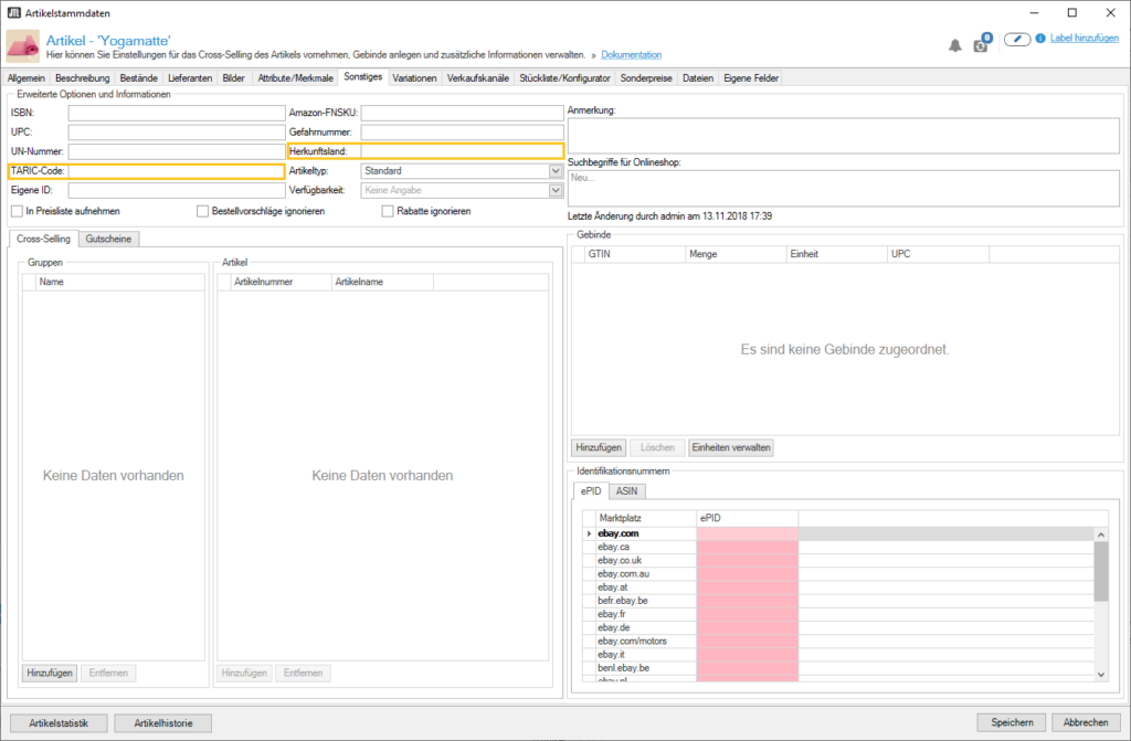 JTL Shippinglabels Internationale Warenpost 004 Artikelstammdaten