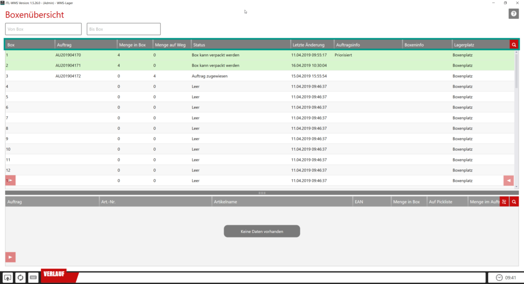 Boxenübersicht in JTL-WMS