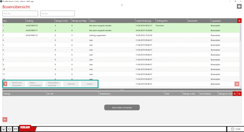 Schaltflächen ausgeklappt in der Boxenübersicht von JTL-WMS