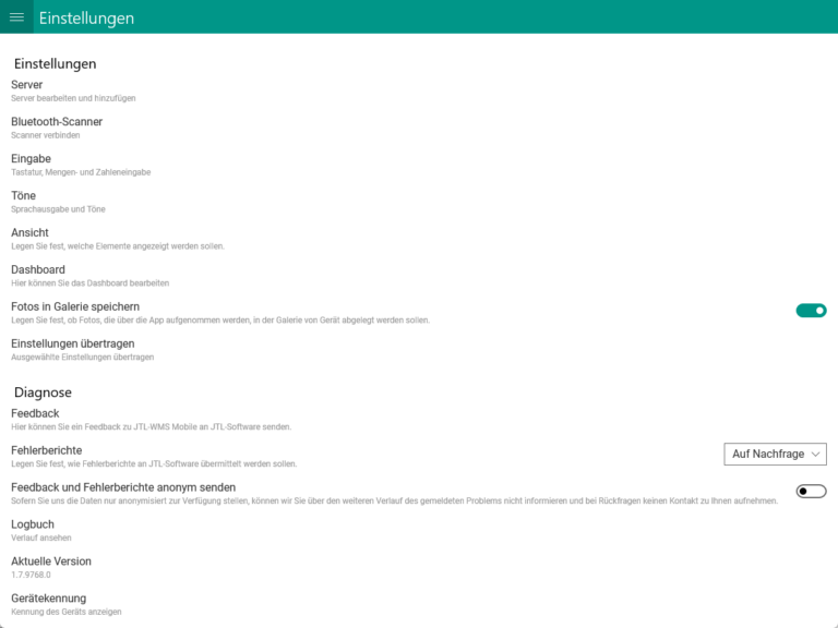 JTL WMS Mobile Einstellungen 002 Einstellungen Uebersicht