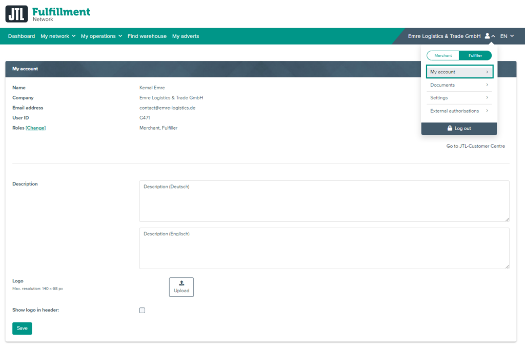 My account in the JTL-Fulfillment Network