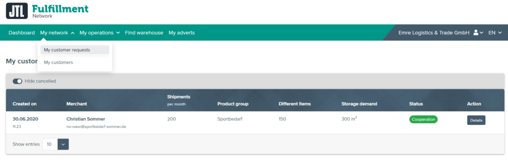 My customer requests in the JTL-Fulfillment Network