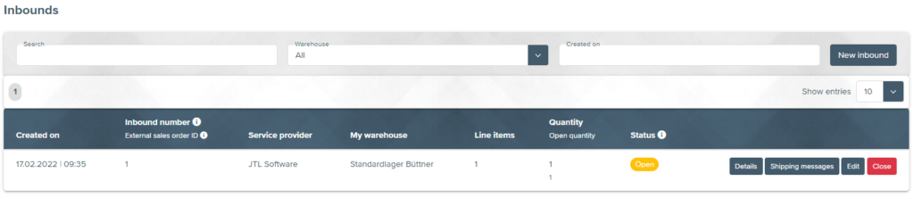 Open inbounds in the JTL-Fulfillment Network Portal
