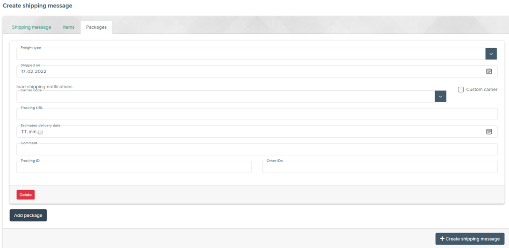 Adding packages to the shipping message