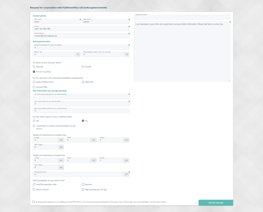 Request form to be sent to a fulfilment service provider in the JTL-Fulfillment Network