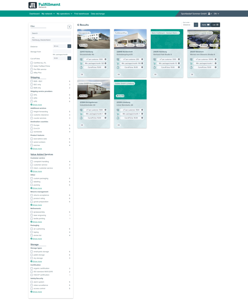 Search and filter criteria in the JTL-Fulfillment Network