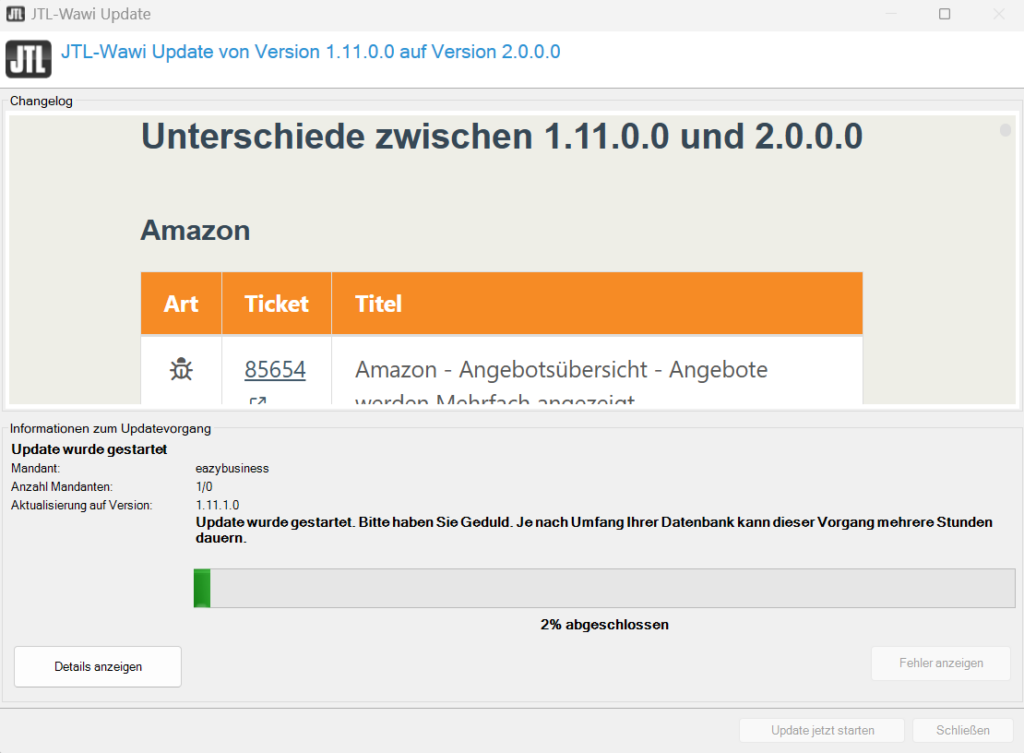 Datenbankupdate Wawi 2.0