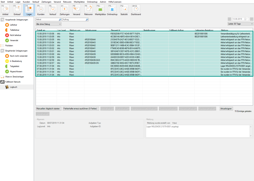Abgleich-Log mit einer Lieferantenbestellung im JTL-Fulfillment Network