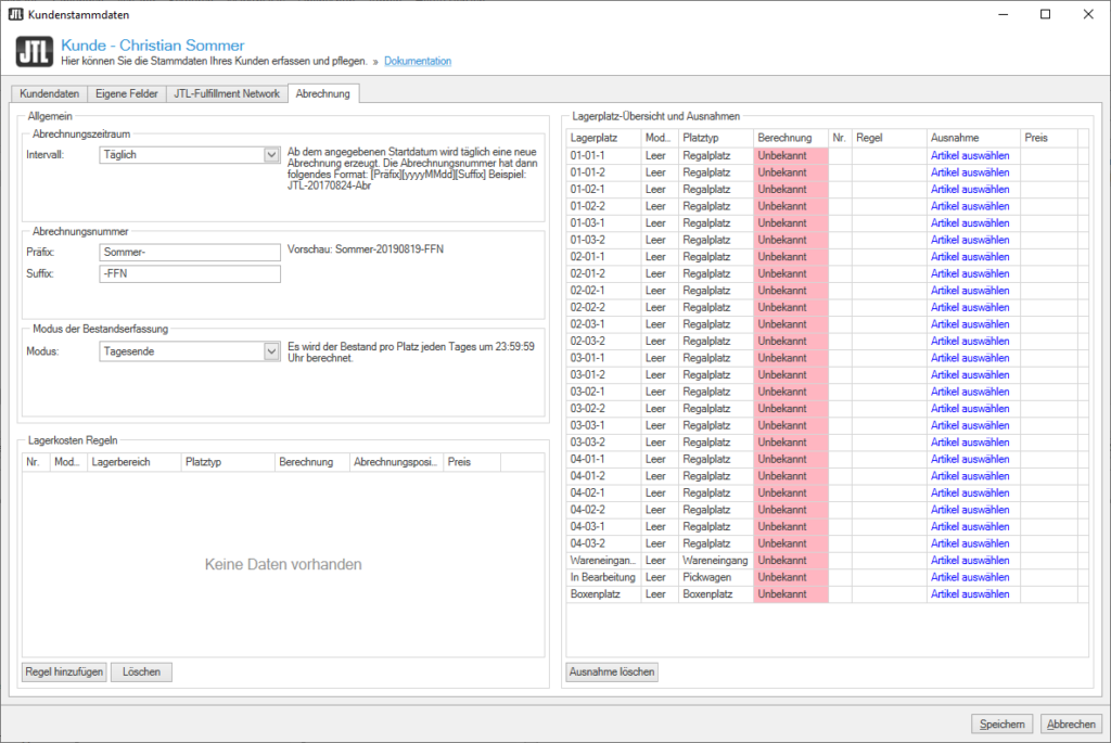 Registerkarte „Abrechnung“ in den Kundenstammdaten von JTL-Wawi
