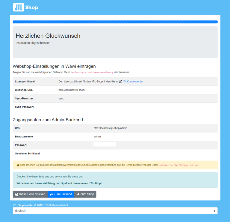Abschluss der Installation von JTL-Shop