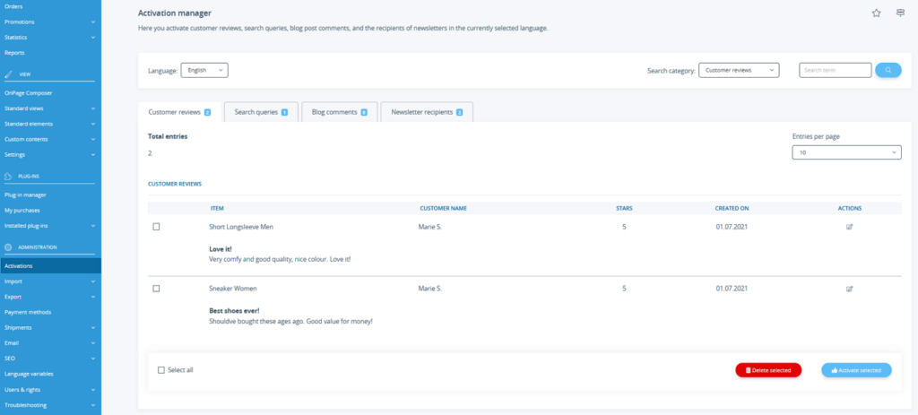Activation manager of JTL Shop 5