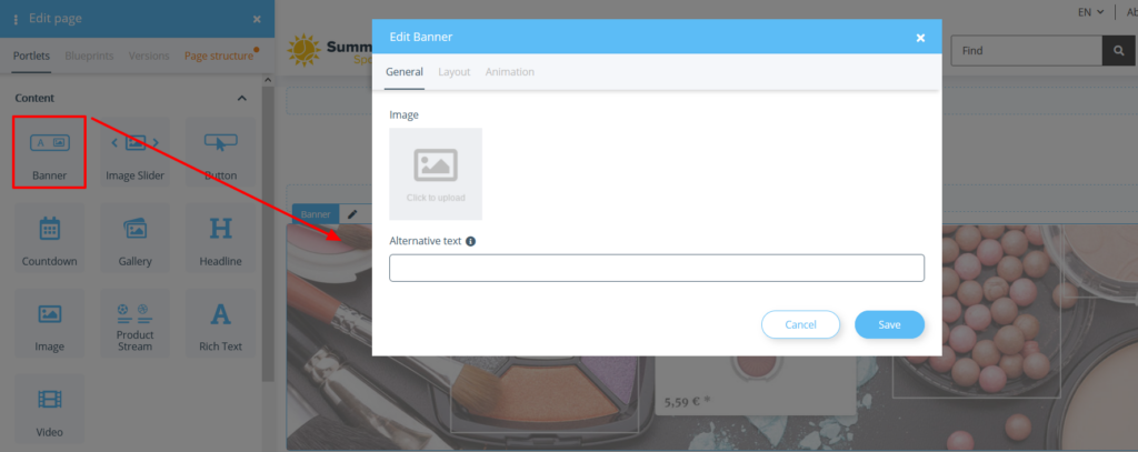 Editing a banner in the OnPage Composer