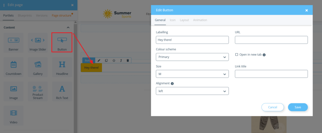 Dragging a button portlet onto the page