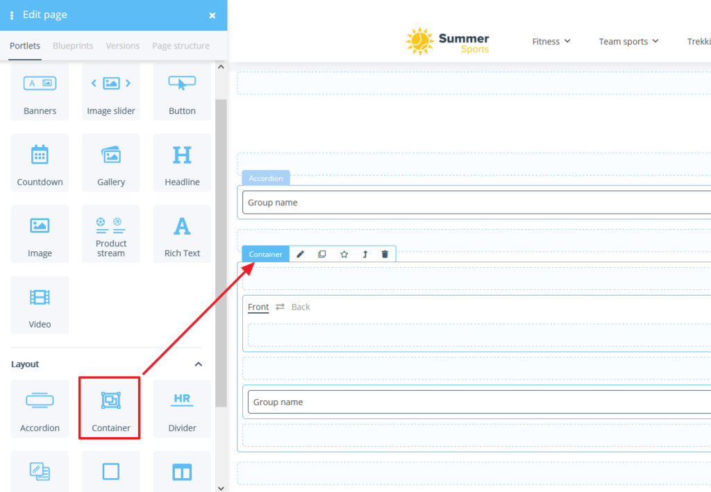 Inserting a container portlet