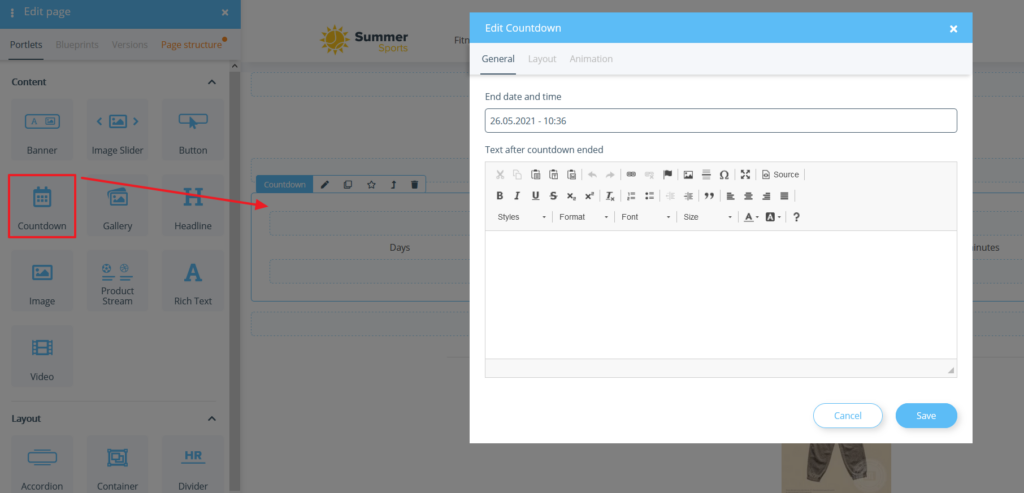 Countdown portlet in the OnPage Composer