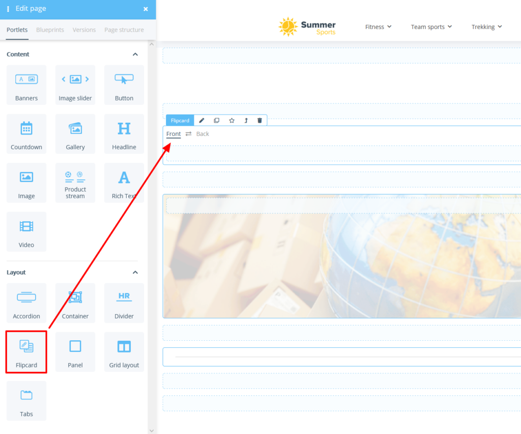 Inserting a portlet for a flipcard in OnPage Composer