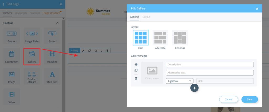 Inserting the Gallery portlet with the OnPage Composer