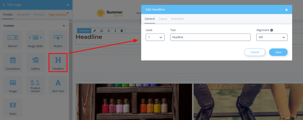 Inserting a headline with the OnPage Composer