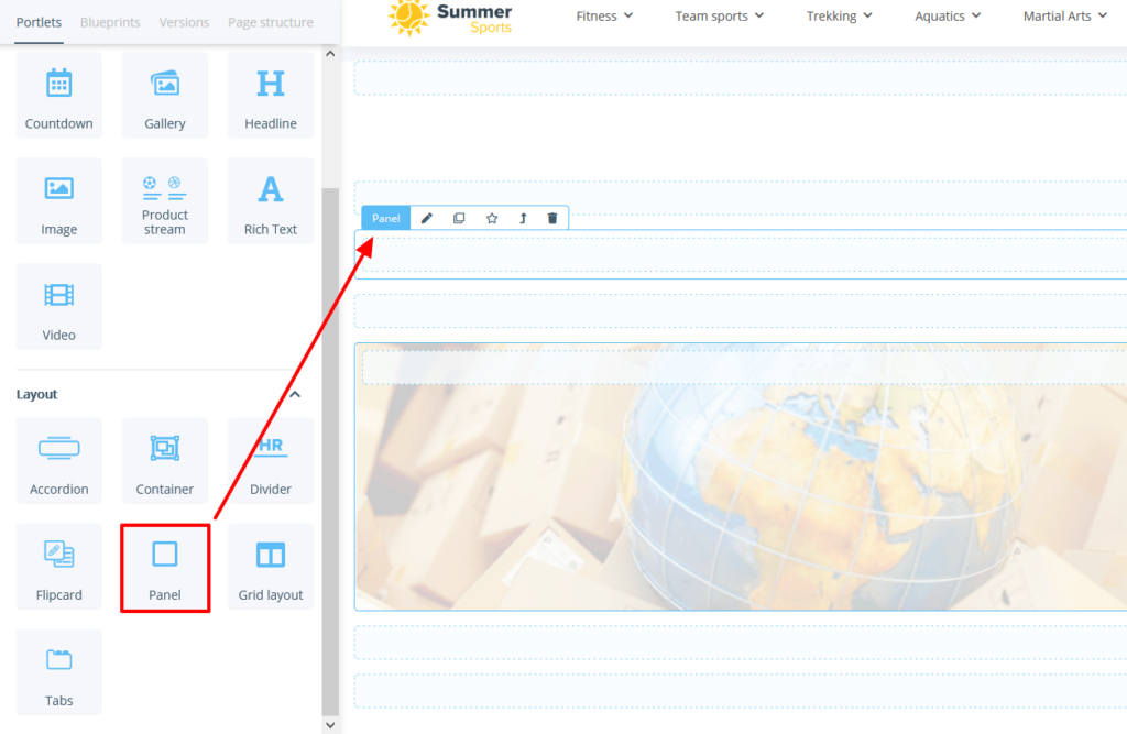 Inserting a portlet for a panel on a page