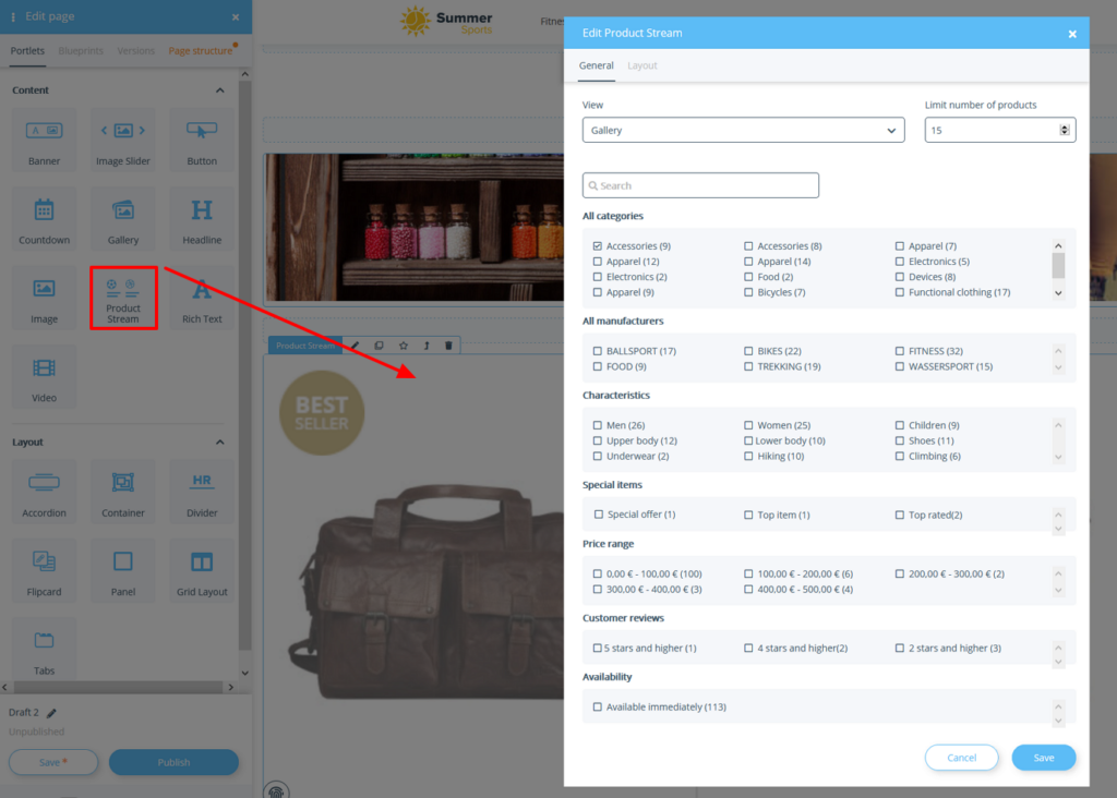 Inserting the Product Stream portlet on a page