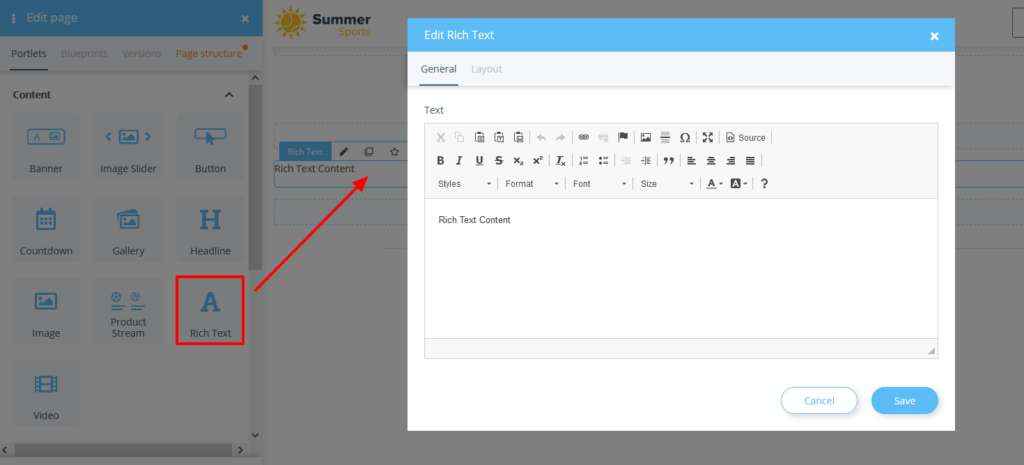 Inserting the Rich Text portlet on a page