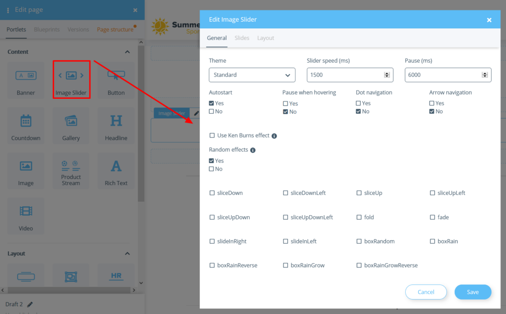 Dragging the Image Slider portlet onto the page