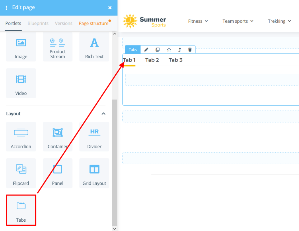 Inserting a portlet for tabs in the OnPage Composer