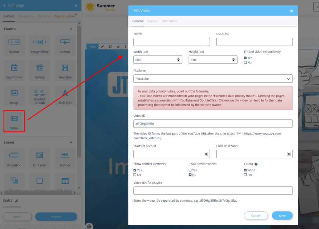 Setting the layout for a video