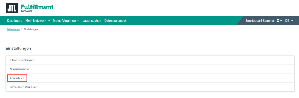 Adressbuch im JTL-Fulfillment Network öffnen