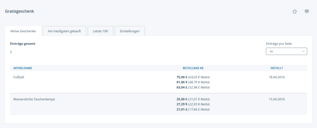 Aktive Gratisgeschenke in JTL-Shop