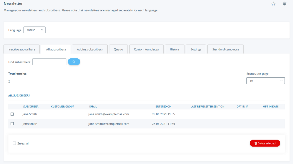 All newsletter subscribers in JTL-Shop