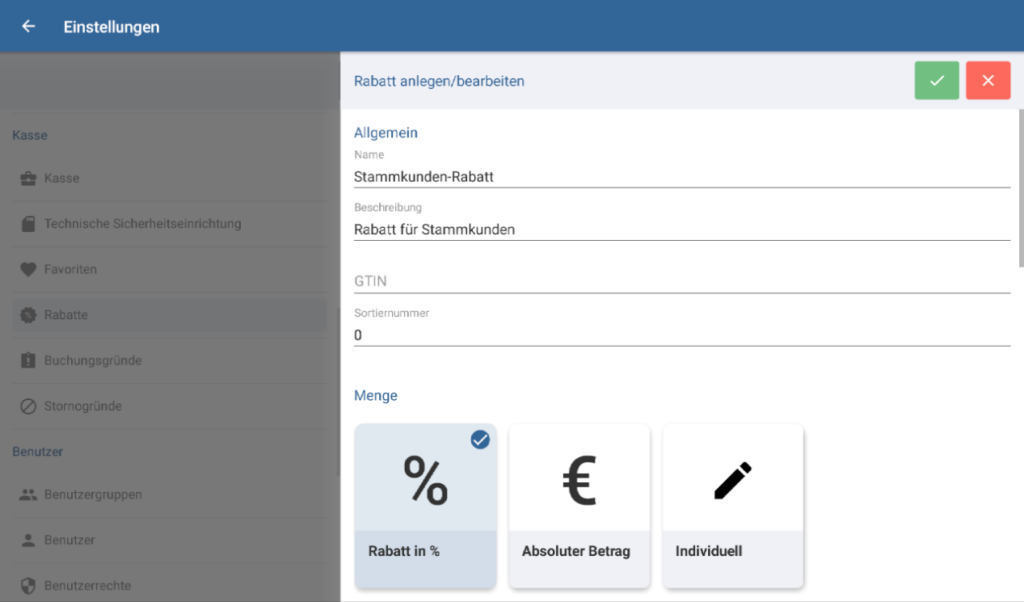 Auswahl zwischen Rabatt in Prozent und absolutem Betrag