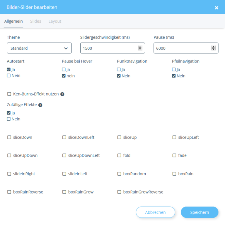 Registerkarte Allgemein für einen Slider im OnPage Composer