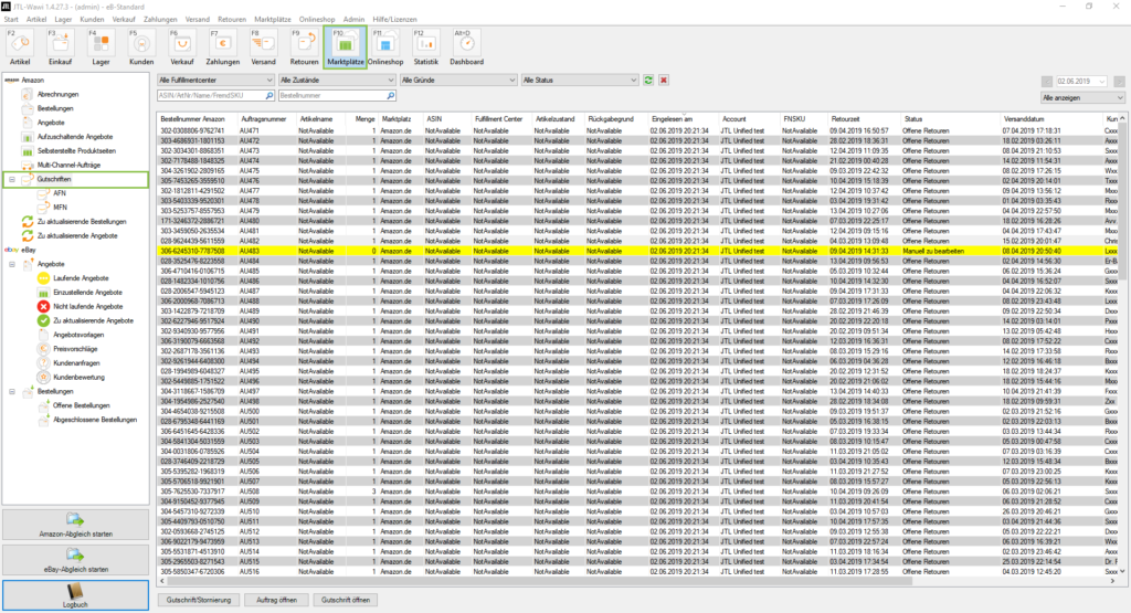 Gutschriften von Amazon in JTL-Wawi
