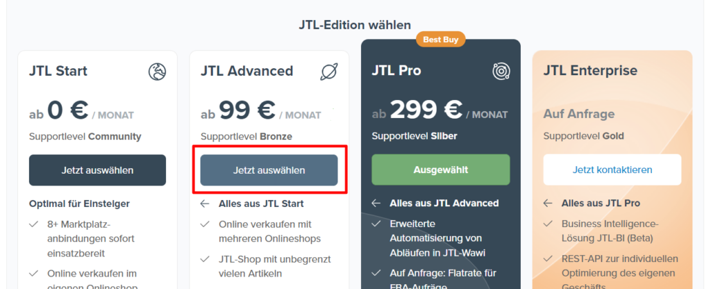 Editionssansicht mit aktueller und Wunschedition im JTL-Kundencenter