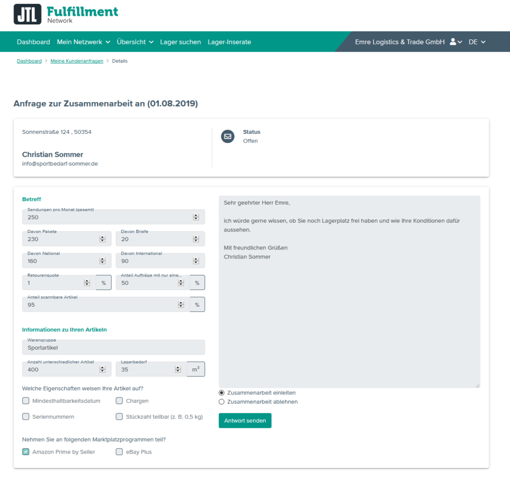 Anfrage eines Kunden im JTL-Fulfillment Network
