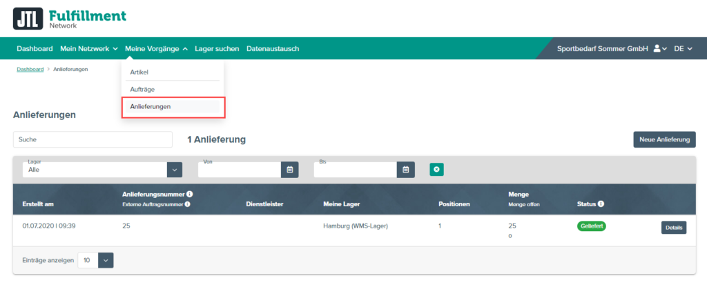 Anlieferungen im Portal öffnen