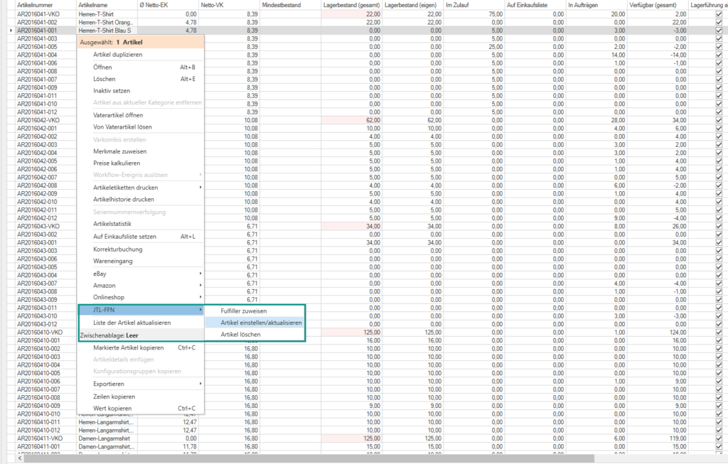 Artikeldaten in JTL-Wawi aktualisieren