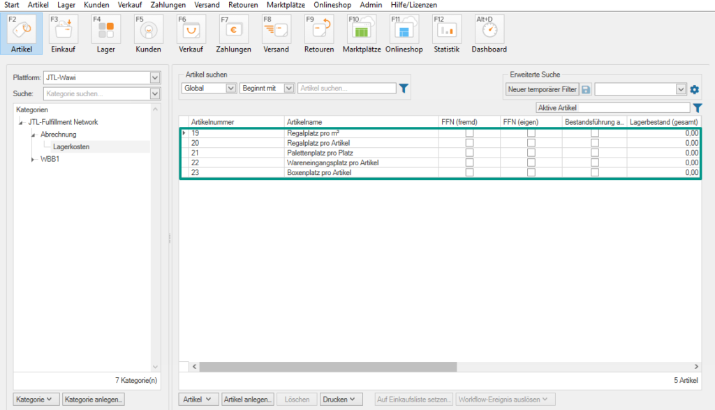 Artikel für Lagerkosten im JTL-Fulfillment Network