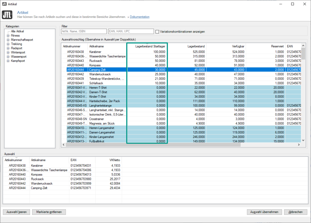 Artikel für eine Umlagerung auswählen