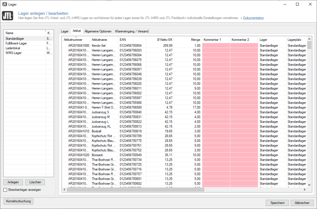 Registerkarte Artikel im Dialogfenster 