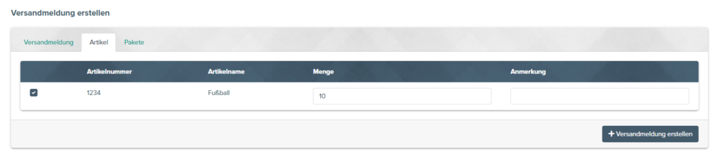 Artikel für die Versandmeldung angeben
