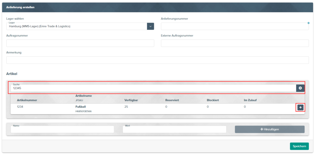 Artikel zu einer Anlieferung hinzufügen