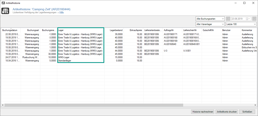 Artikelhistorie für einen Artikel im Fulfillment-Lager